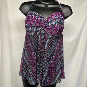 Merona Womens Swimwear Tunic Swim Dress Purple Geometric Print Halter Size L